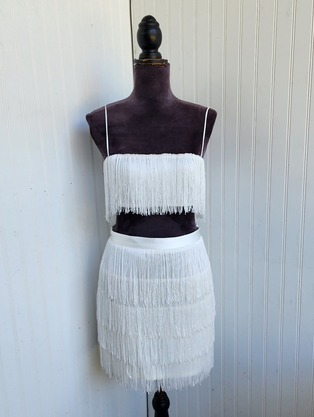 MESHKI Womens Sophia TOP MINI SKIRT SET Cream White Fringe Zip Sz XS - Picture 4 of 16